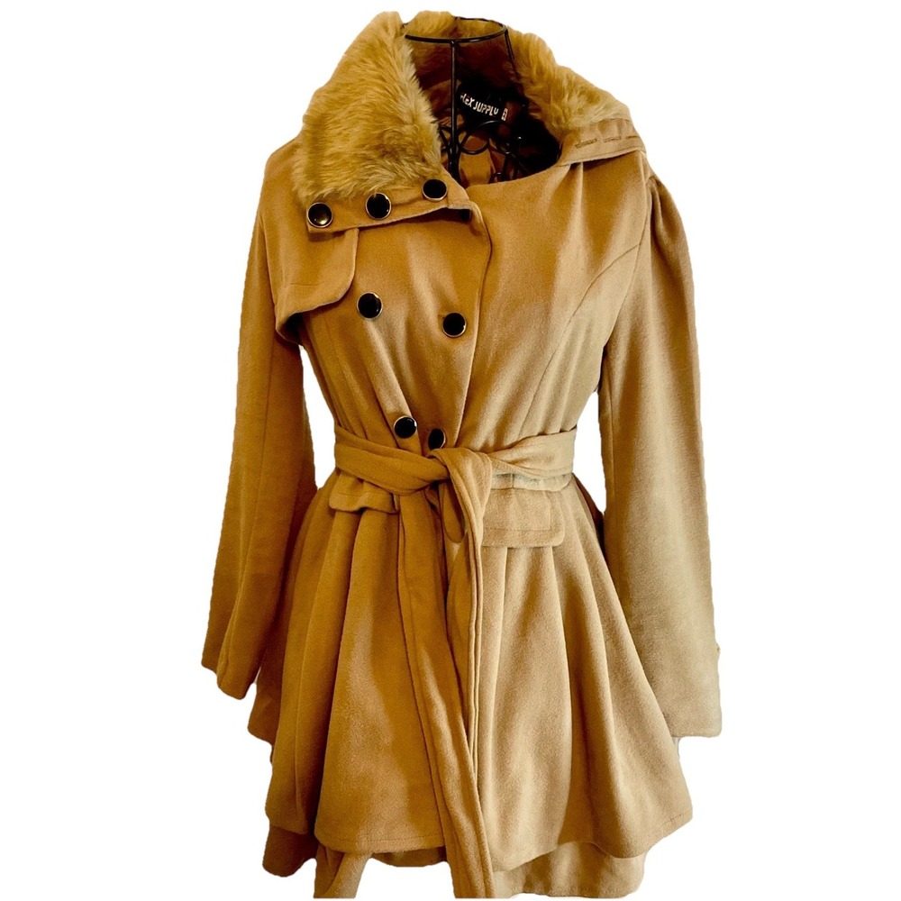 Women's Coat Turndown Collar Belted Outwear Size M